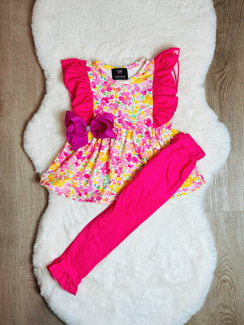 Girls Vibrant Floral Pants Set with Matching Bow - Bowtism